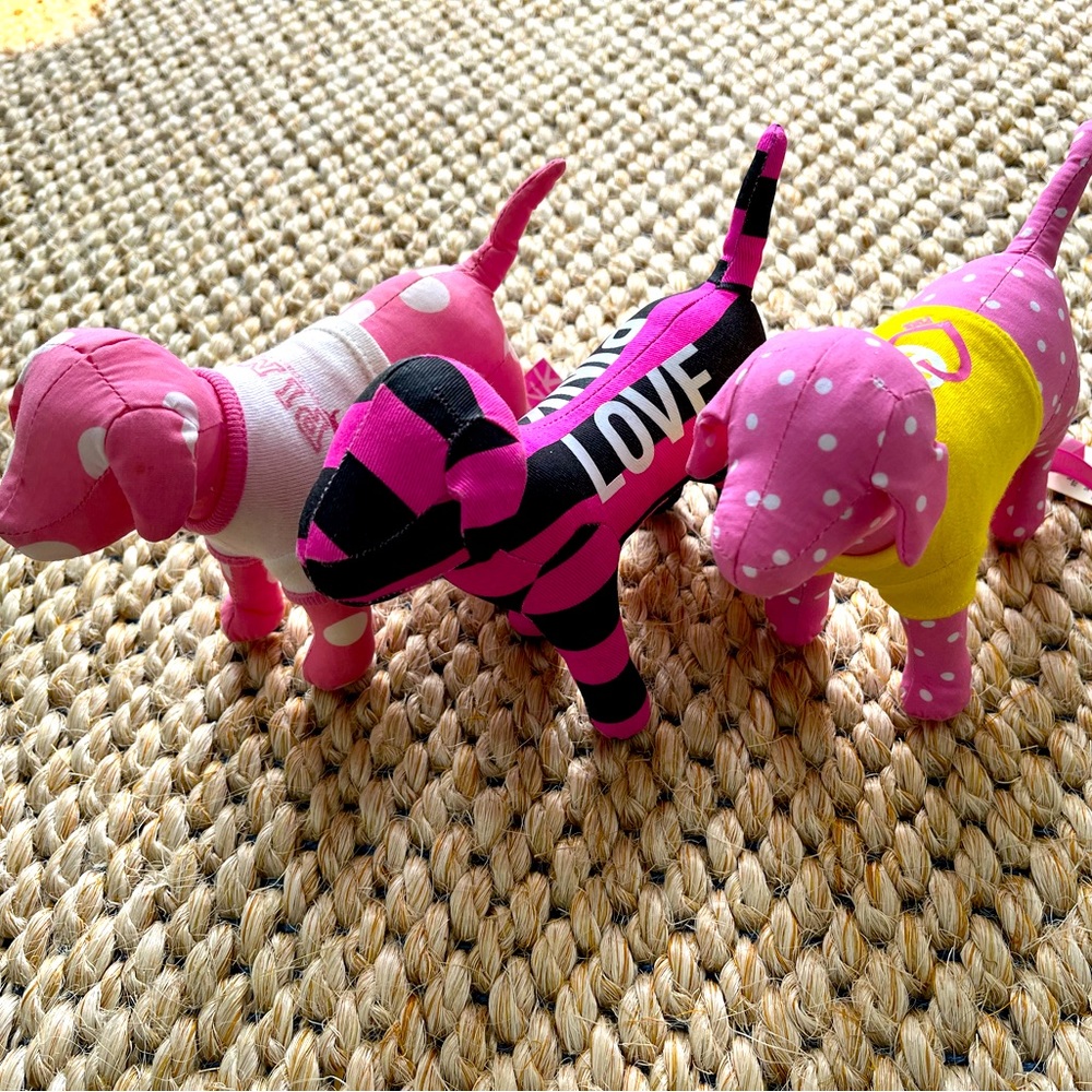 Collectable PINK Victoria Secret 3 dogs polka dot stripe pink white black yellow